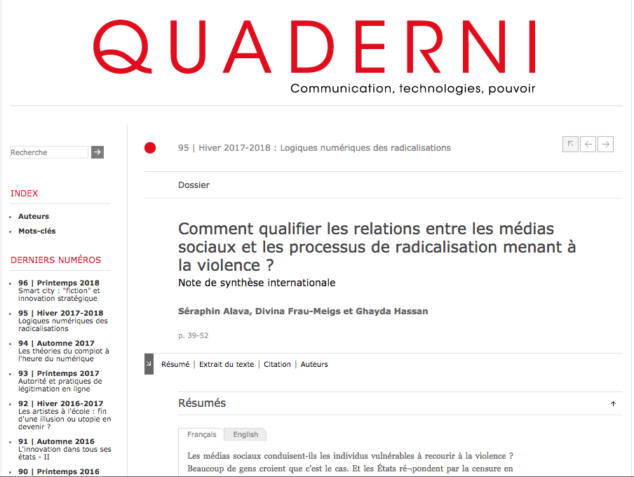 Comment Qualifier les Relations Entre les Médias Sociaux et les Processus de Radicalisation Menant à la Violence?