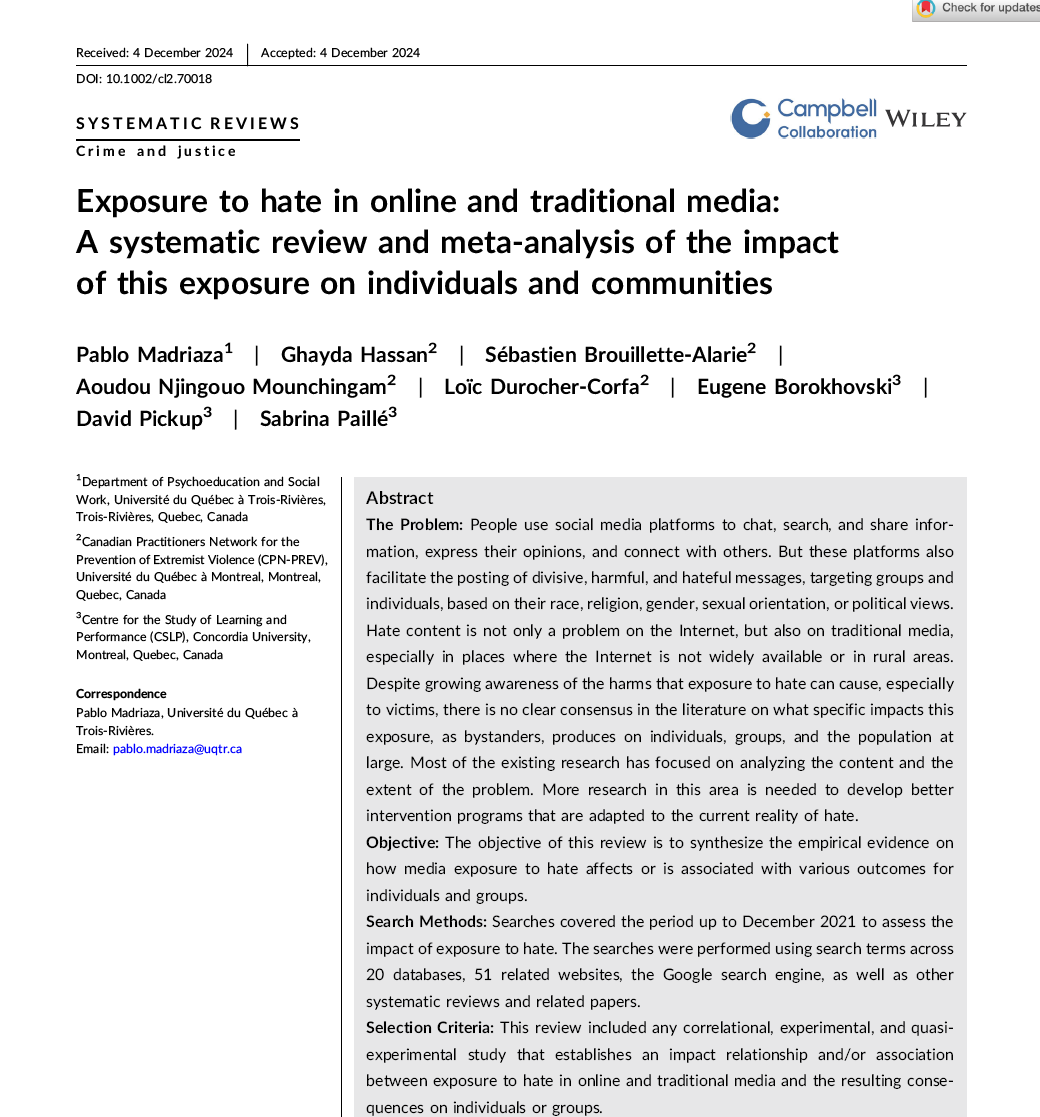 Exposure to hate in online and traditional media: A systematic review and meta‐analysis of the impactof this exposure on individuals and communities