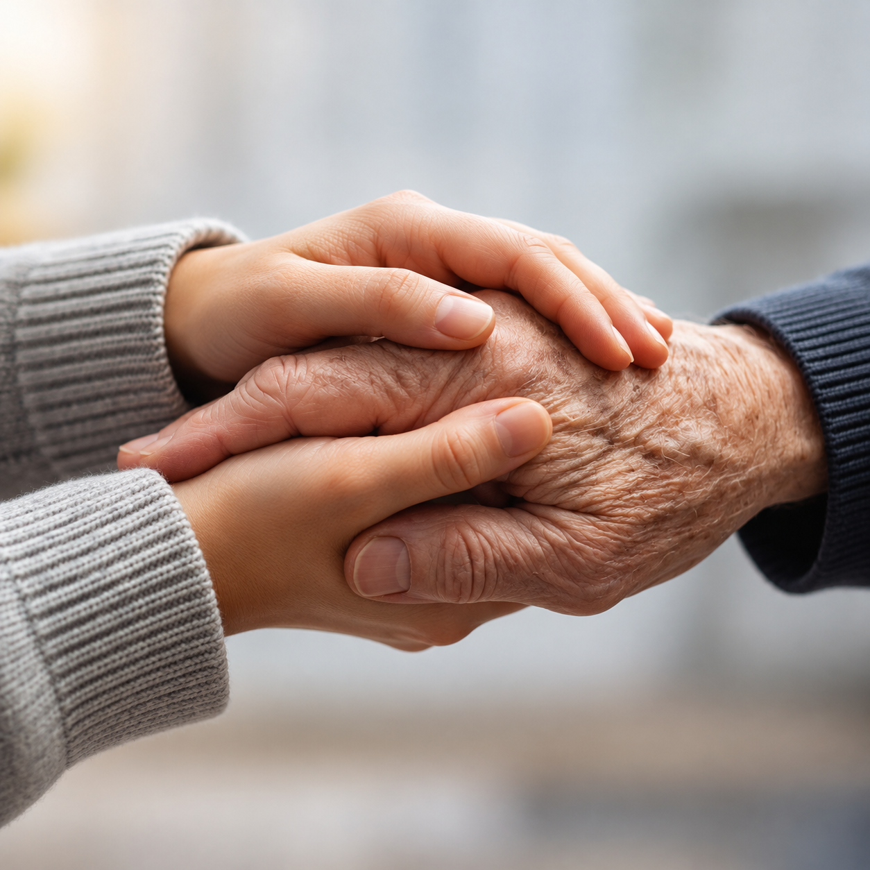 The image shows a young person's hand gently holding an elderly person's hand.