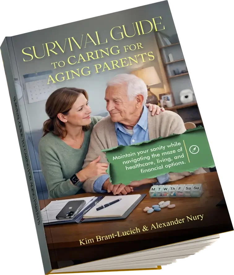 Book titled 'Survival Guide to Caring for Aging Parents' by Kim Brant-Lucich and Alexander Nury, featuring a woman and an older man sitting at a table with medications, a smartphone, and notebooks.