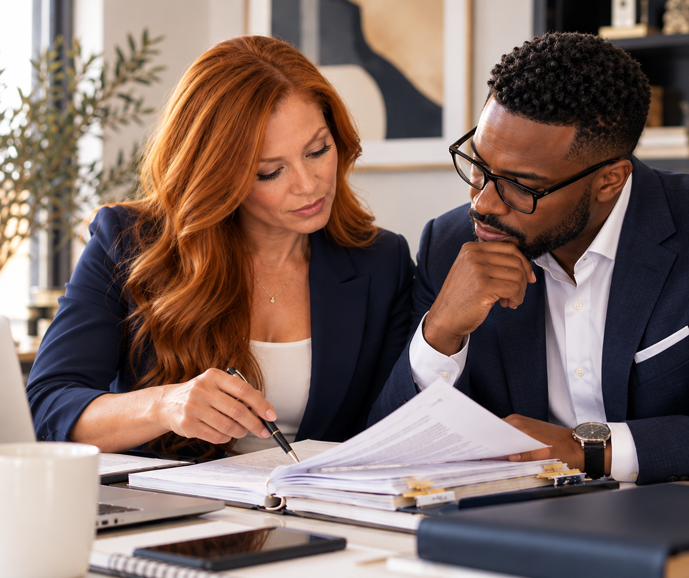 Two professionals reviewing documents at a desk in an office.