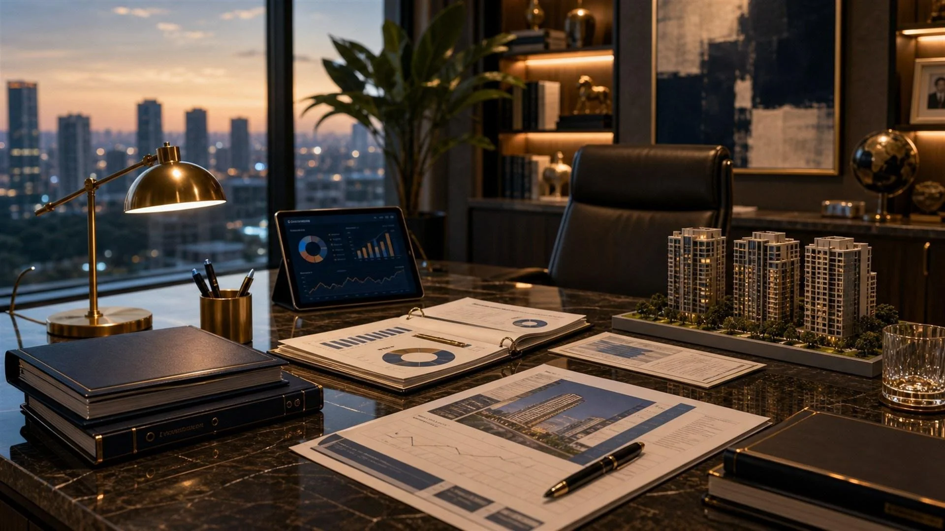Modern office desk with architectural model, financial reports, tablet displaying graphs, notebooks, pen, and a gold desk lamp, with cityscape view at sunset through large windows.