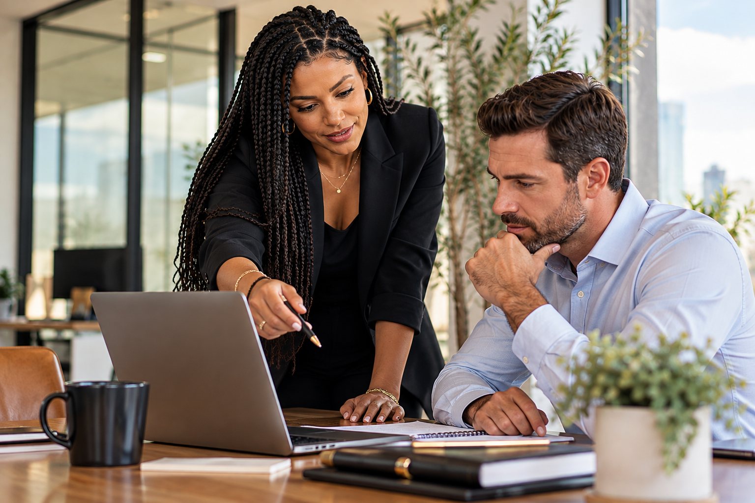 A woman with braided hair and gold jewelry explains something to a man with short brown hair and a beard during a meeting in a modern office.