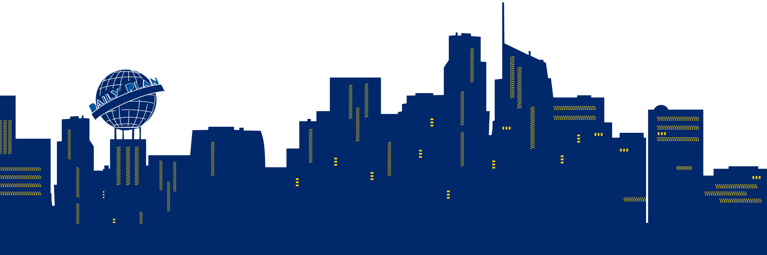 Skyline silhouette of a city with a building labeled Daily Planet, featuring a globe with a banner. The scene is dark blue with yellow and white lights indicating windows.
