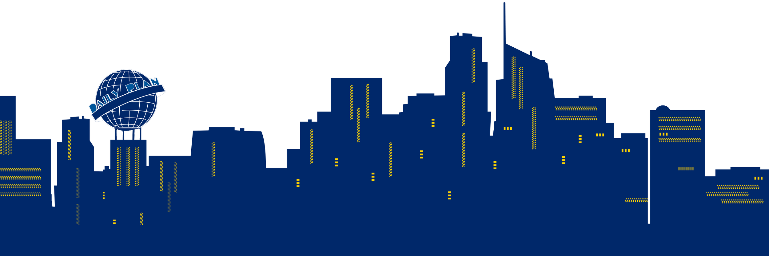 Skyline silhouette of a city with a building labeled Daily Planet, featuring a globe with a banner. The scene is dark blue with yellow and white lights indicating windows.