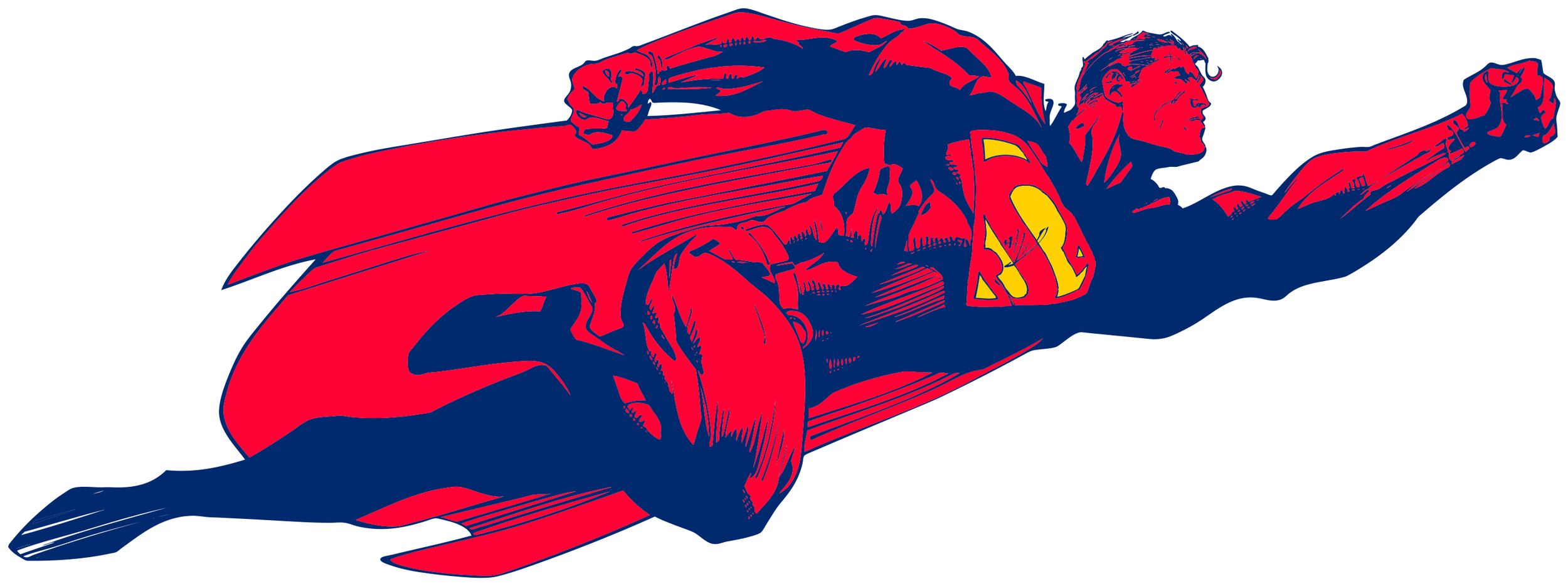 Illustration of Superman flying forward with a red cape, blue suit, and yellow 'S' emblem on his chest, against a white background.
