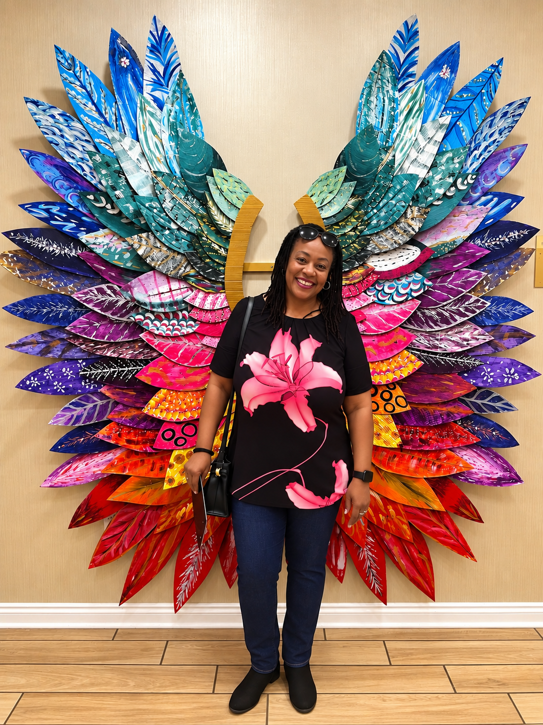 A woman with black hair in dreadlocks, wearing sunglasses on her head, a black shirt with pink lily print, jeans, and black boots, standing in front of colorful abstract feather art on a beige wall.