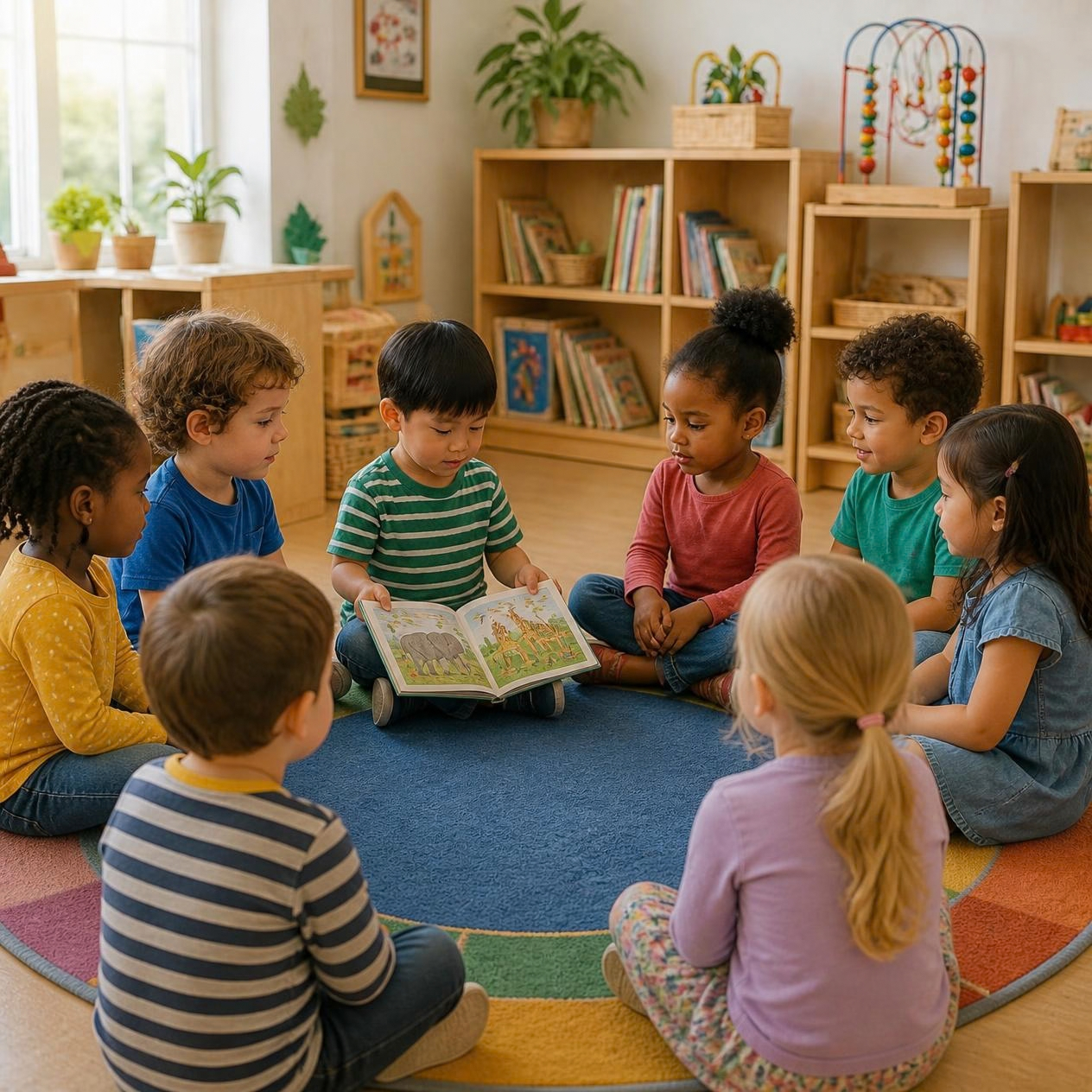 Children sitting on a colorful circular rug in a classroom, listening to a boy reading a picture book.