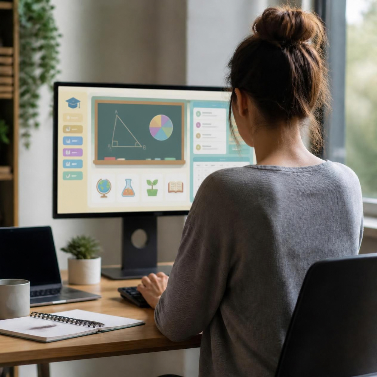 A woman with a bun hairstyle sitting at a desk in front of a computer monitor, working on a digital interface related to education or science, featuring charts, icons of a globe, beaker, plant, and book.