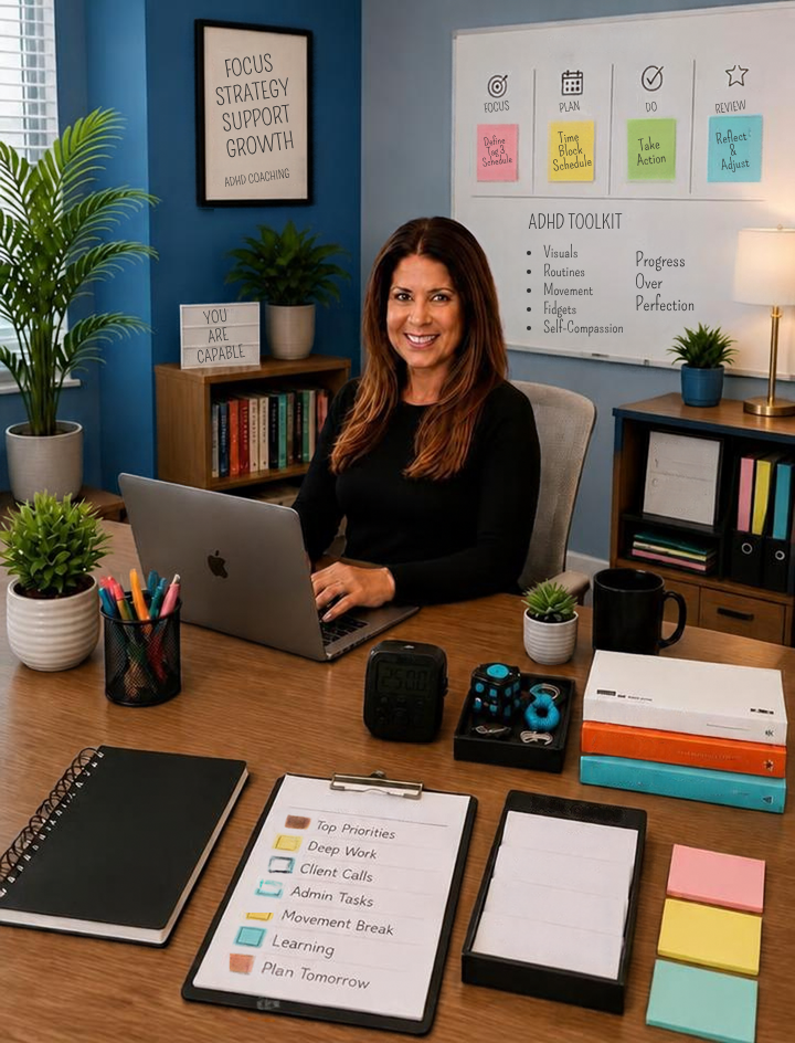 A woman sitting at a desk in a home office, smiling at the camera with a laptop. The desk has notebooks, sticky notes, a mug, a clock, a toy, and plants. The background features a whiteboard with plans and an inspiring framed poster.