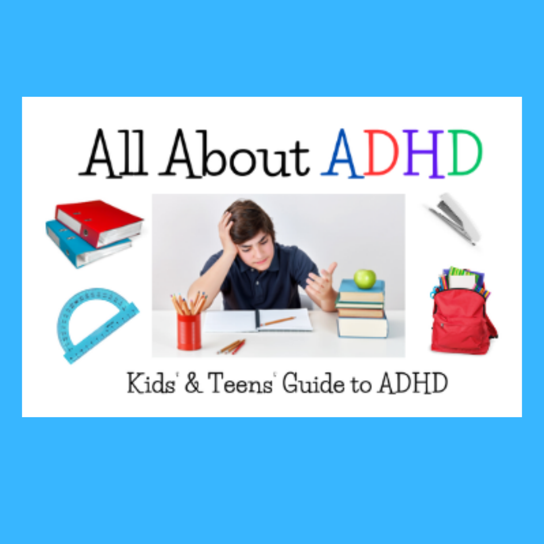 A children's guide titled 'All About ADHD' with a picture of a young boy sitting at a desk looking frustrated, surrounded by school supplies including books, a backpack, rulers, a stapler, and pencils.