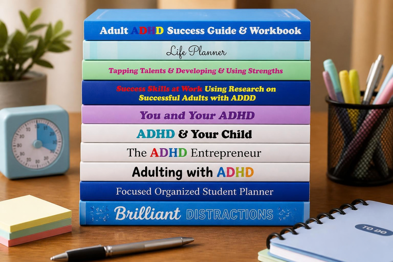 Stack of books about ADHD and success with colorful covers, placed on a wooden desk with a small clock, sticky notes, a pen, and a planner nearby.