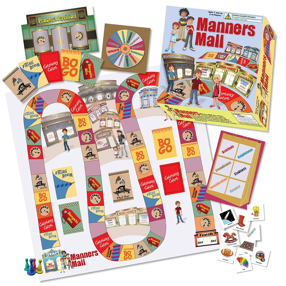 A colorful board game titled "Manners Mall" with various game pieces, cards, and a spinner, designed for children to learn manners through a shopping mall theme.
