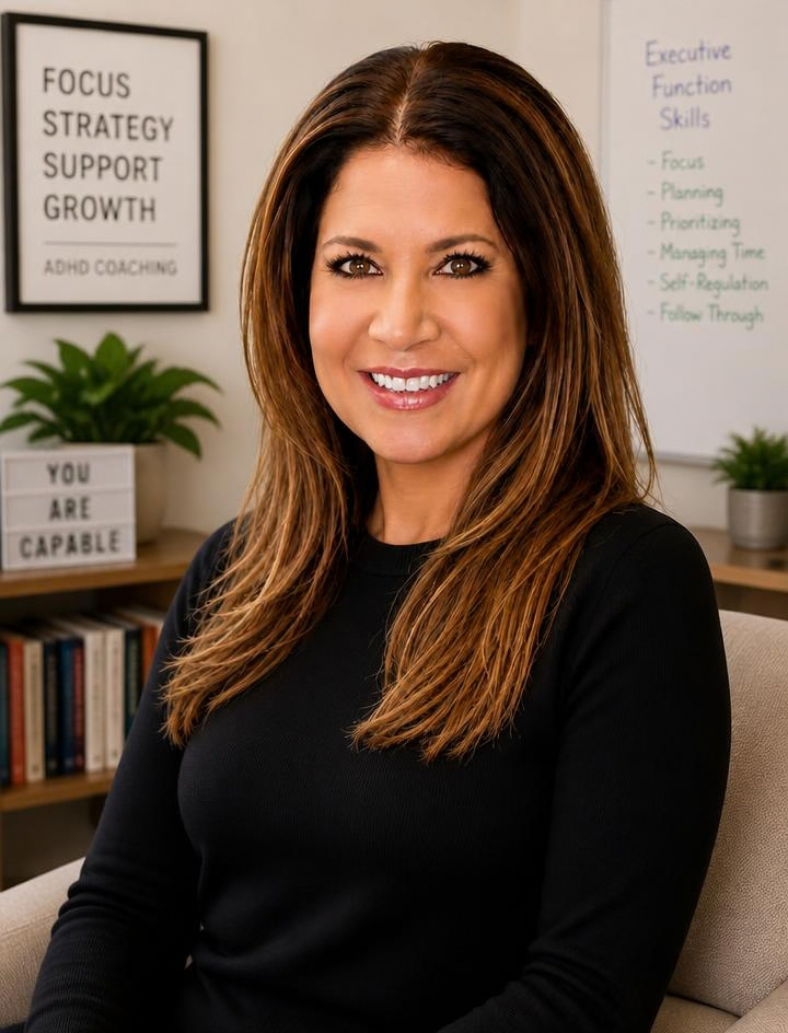 A woman with long brown hair smiling while sitting in an office or classroom setting, with motivational posters and books in the background.