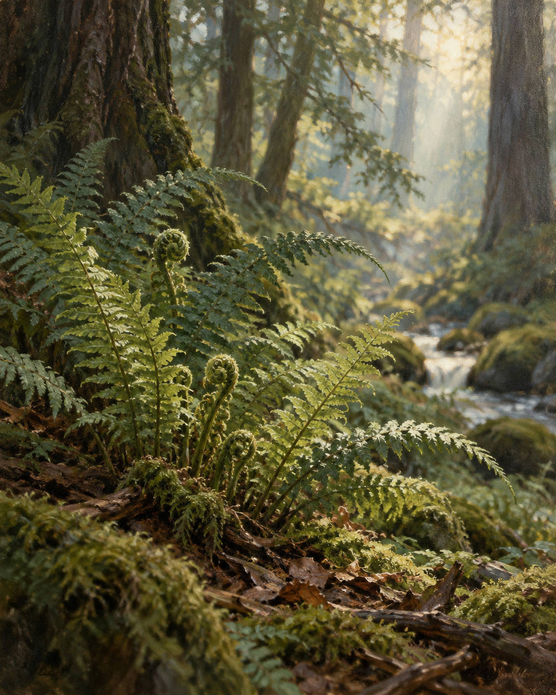 Sunlit forest scene with ferns and moss-covered ground near a small stream.