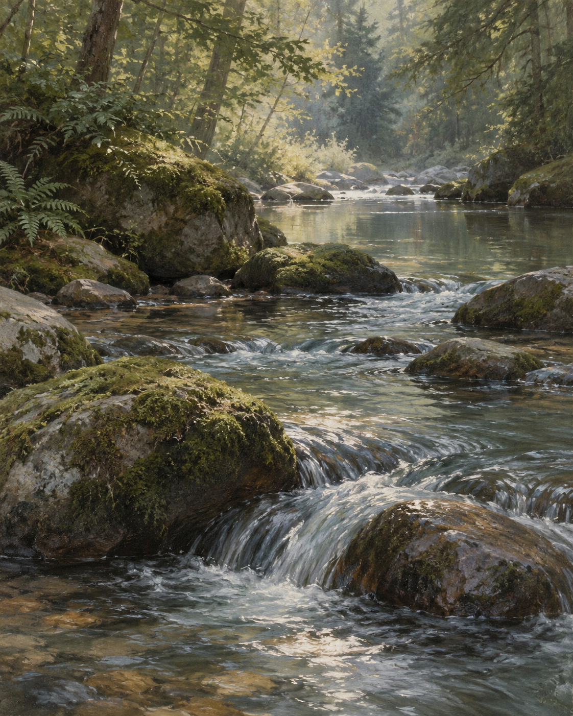 A peaceful forest stream flowing over rocks surrounded by green trees and sunlight.