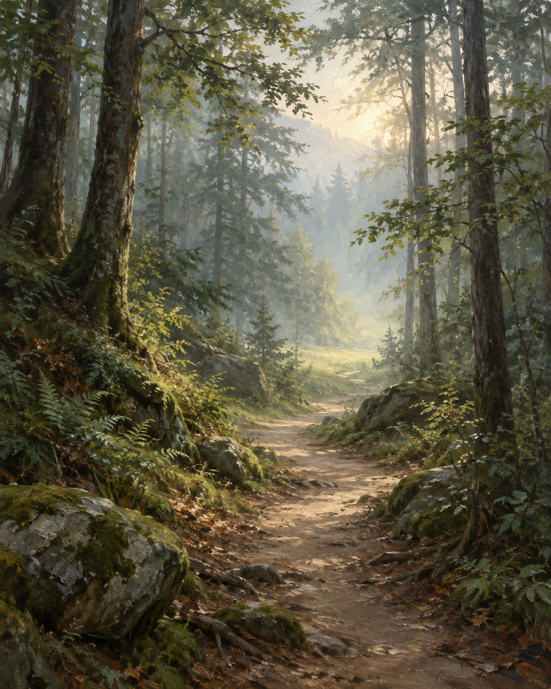 A dirt trail winding through a dense, green forest with tall trees and sunlight filtering through the leaves.