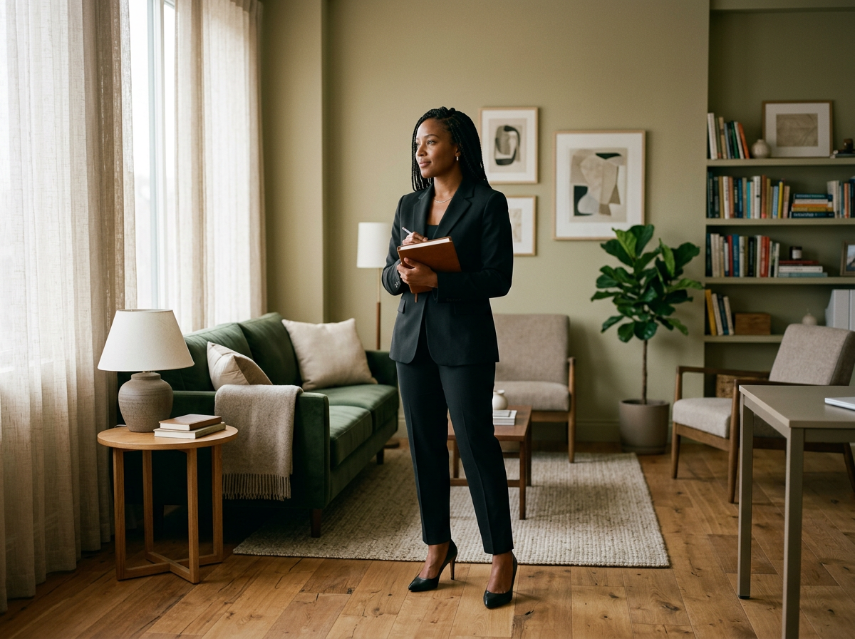 A professional woman in a black suit and heels standing in a living room with a notebook, near a green sofa, bookshelf, and framed artwork.