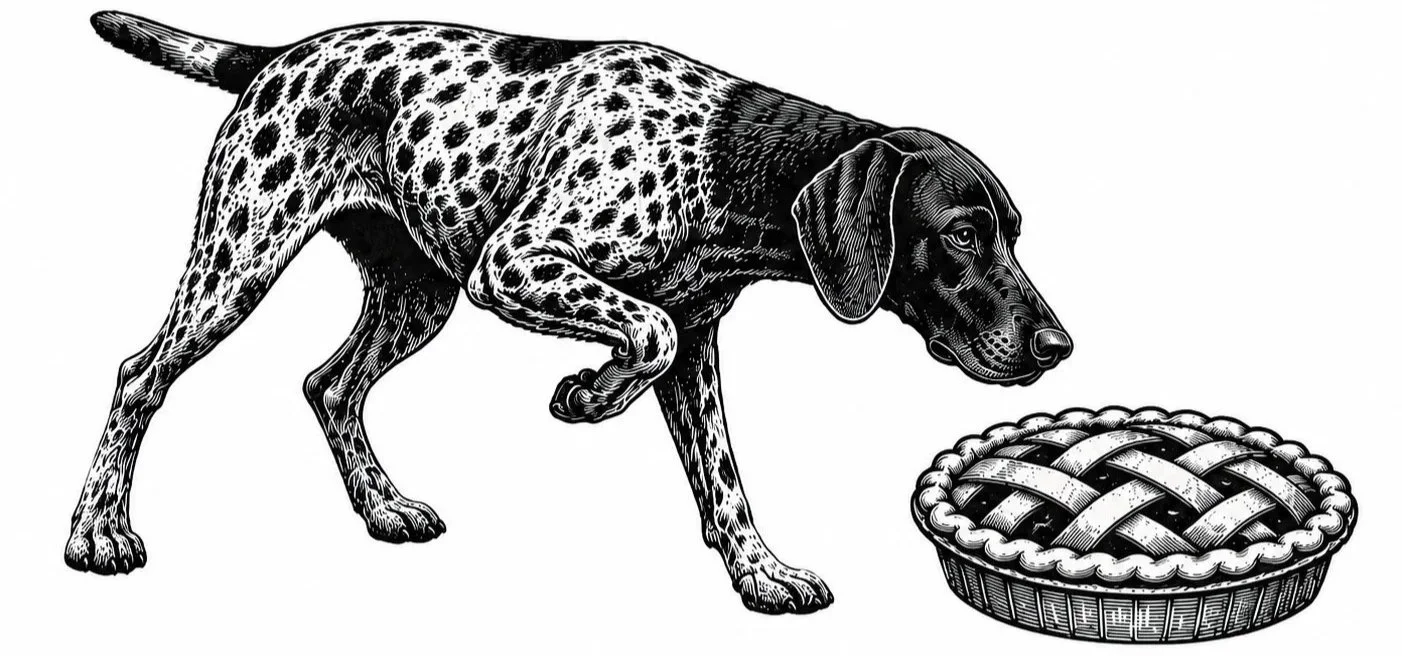 Pointer Pie Co. logo featuring a German Shorthaired Pointer and handmade lattice pie in Kalispell, Montana.