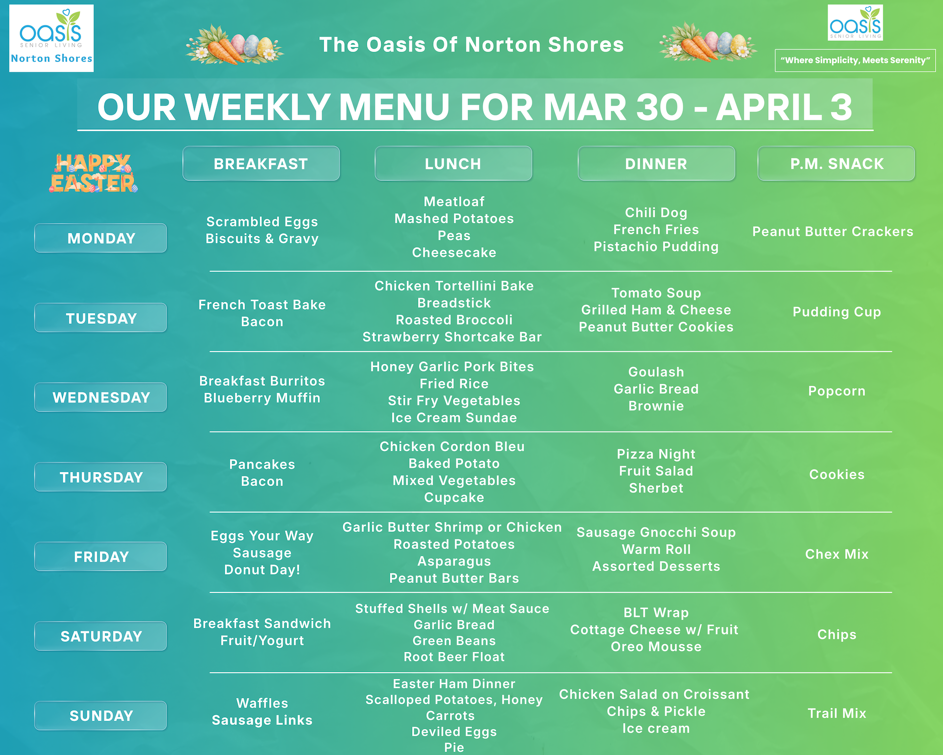 The Oasis of Norton Shores Menu
