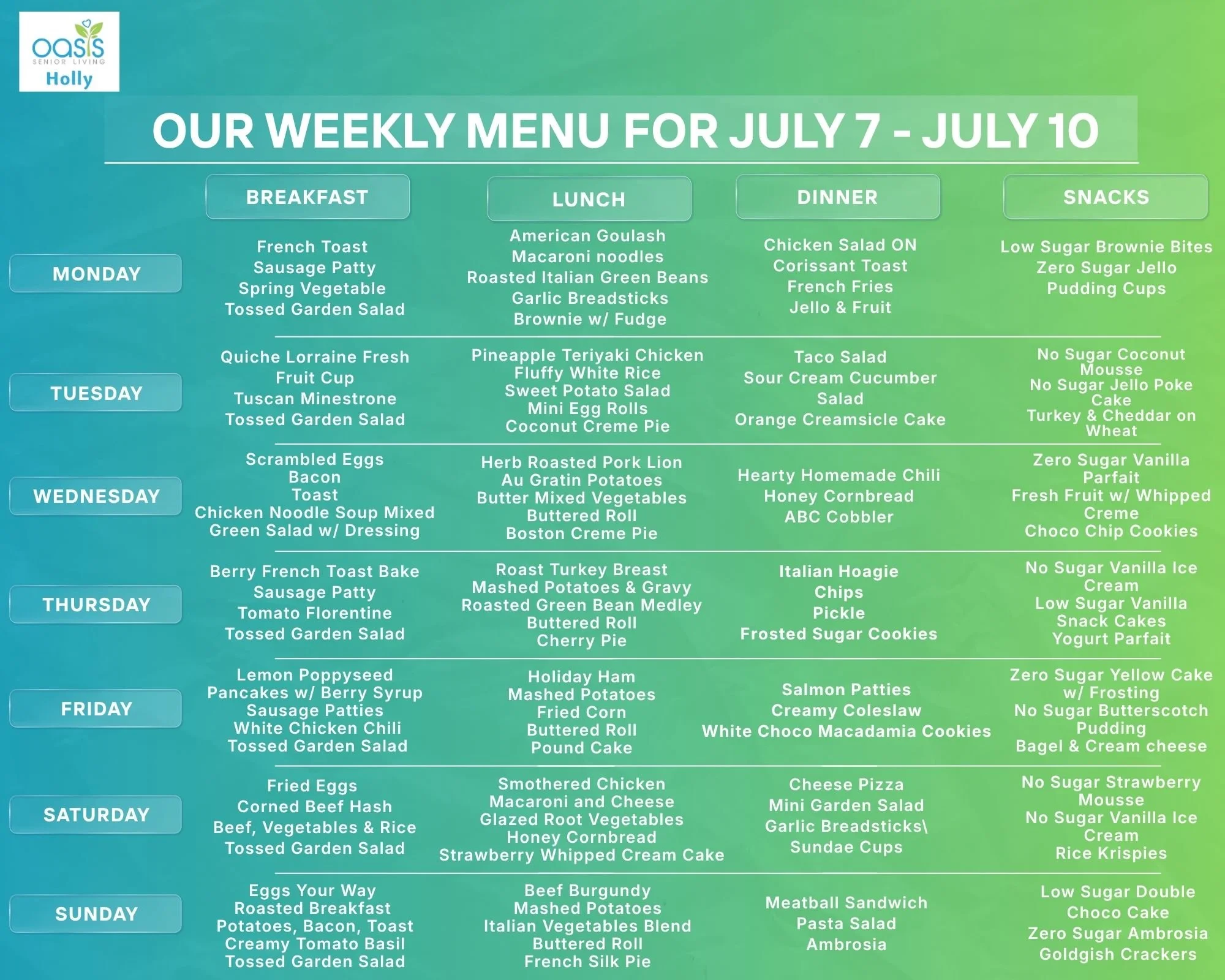 the oasis of holly menu