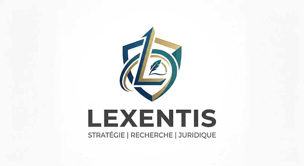 Lexentis logo with a shield, quill, and leaf, and the words 'Lexentis' and 'Stratégie | Recherche | Juridique'.