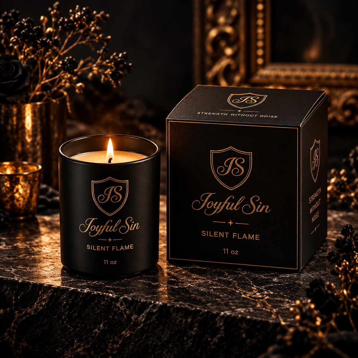 A black candle in a black holder with gold lettering and a gold shield logo, lit with a flickering flame. Next to it is a black box with similar gold lettering and shield logo, labeled 'Joyful Sin Silent Flame 11 oz.' The setting is elegant with a dark, textured surface, gold decorative accents, and a dark floral arrangement in the background.