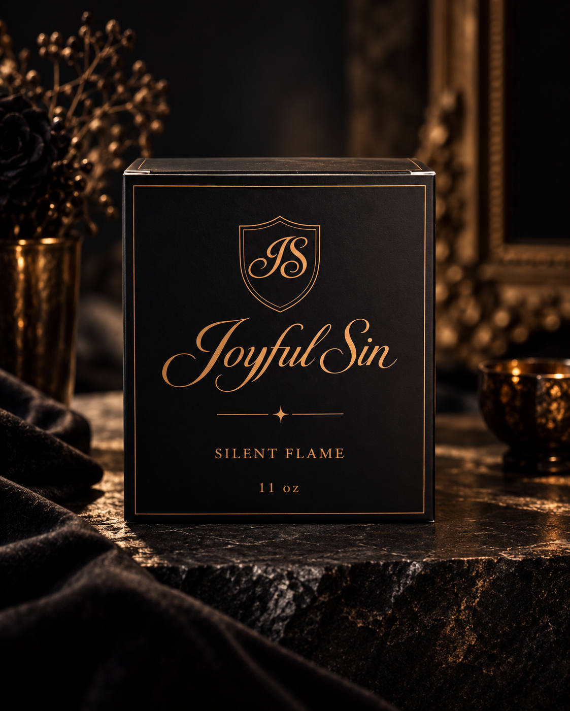 A black box with gold text that says "Joyful Sin" and "Silent Flame" on a dark marble surface surrounded by gold decor.