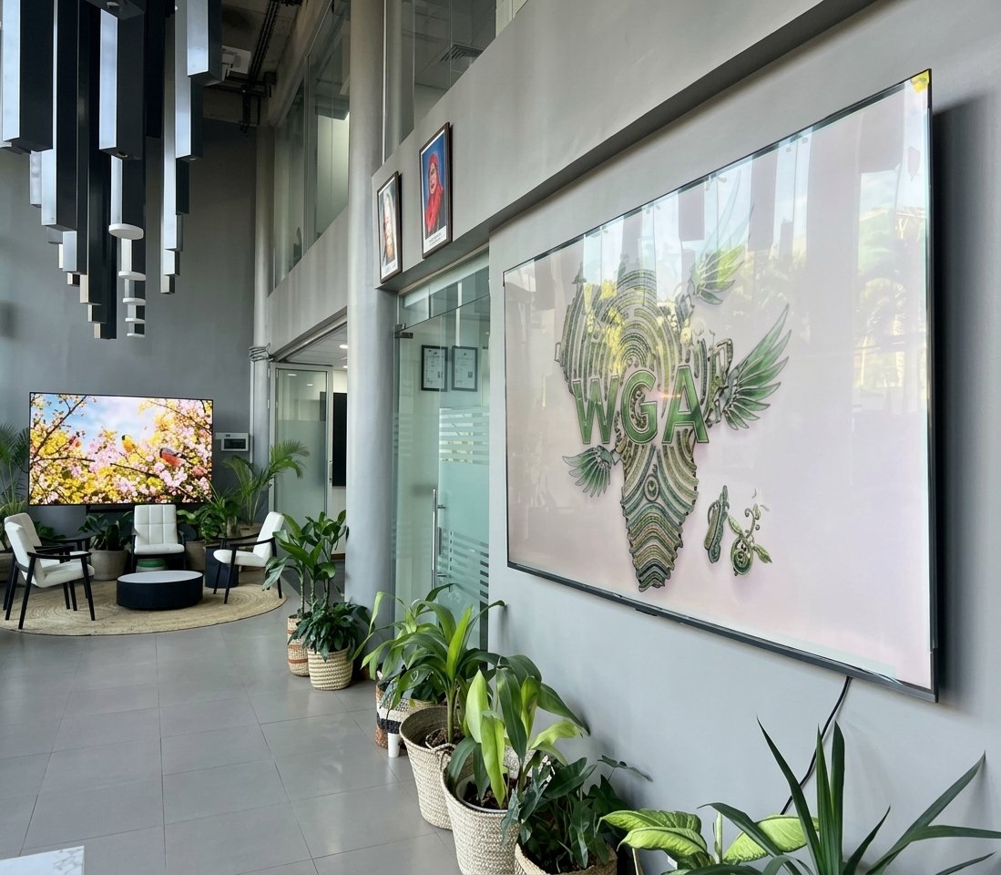 Modern office lobby with potted plants, a large digital screen, and a wall-mounted whiteboard displaying the WGA logo with stylized African continent and green leaves.