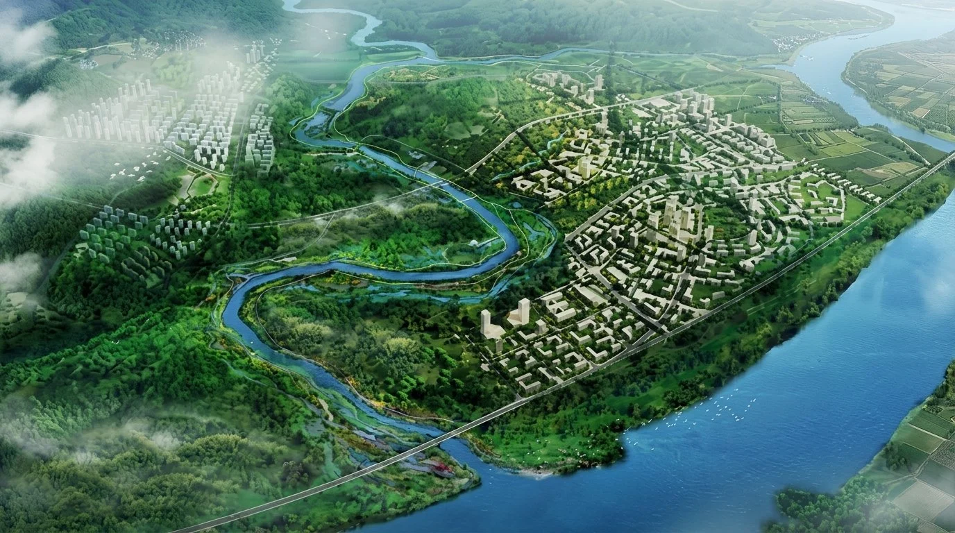 A detailed aerial rendering of a planned city with a river running through it, surrounded by green forests and farmland, showing organized neighborhoods, roads, and buildings.