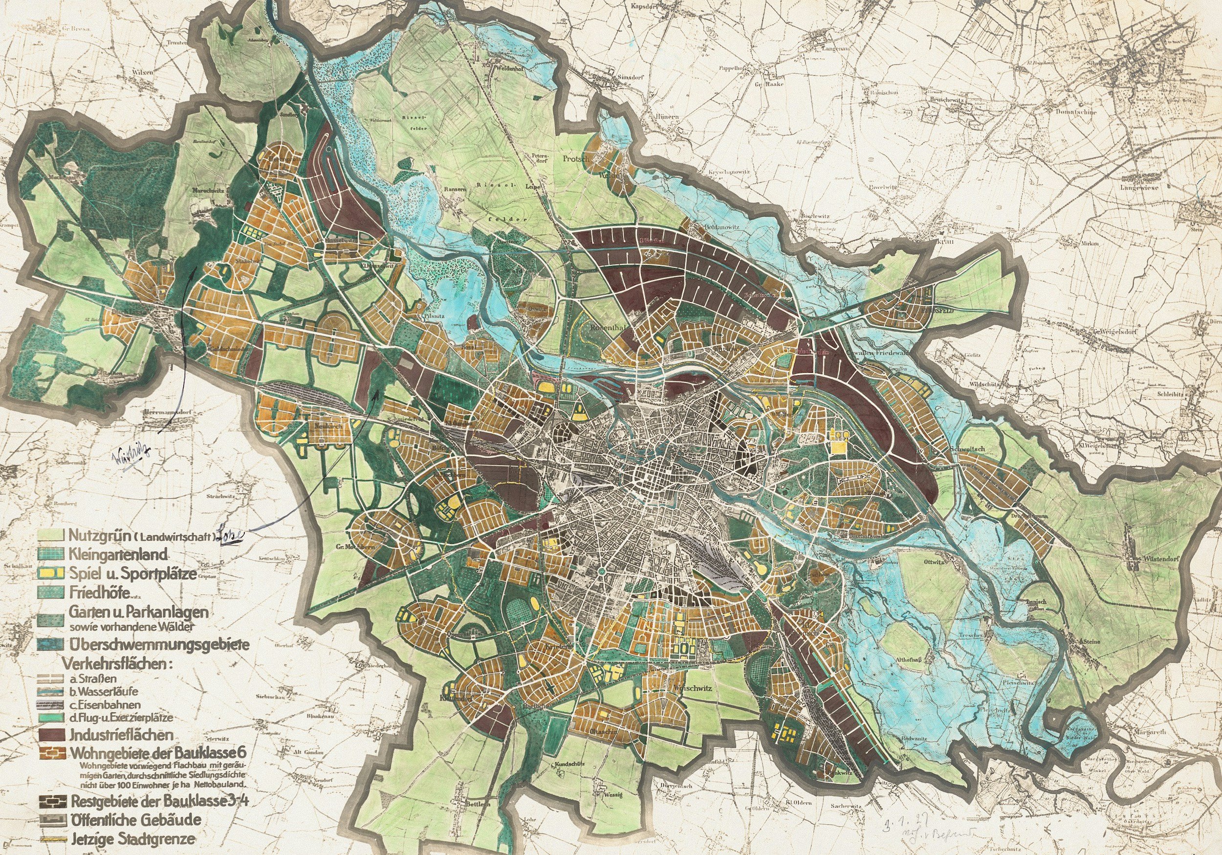 A detailed map of a city showing various land use zones, water bodies, and transportation routes. The map includes color-coded areas indicating parks, residential, industrial, and commercial zones, with labels in German.