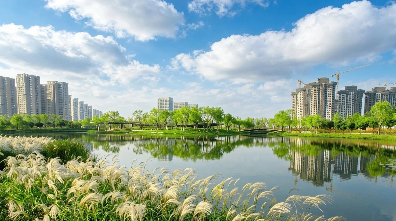 A city park with a pond, green trees, and tall residential buildings under a partly cloudy sky.