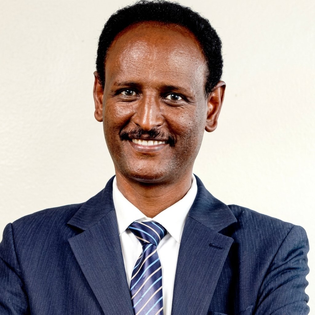 A man in a navy blue suit, white shirt, and striped tie smiling at the camera against a plain light-colored background.