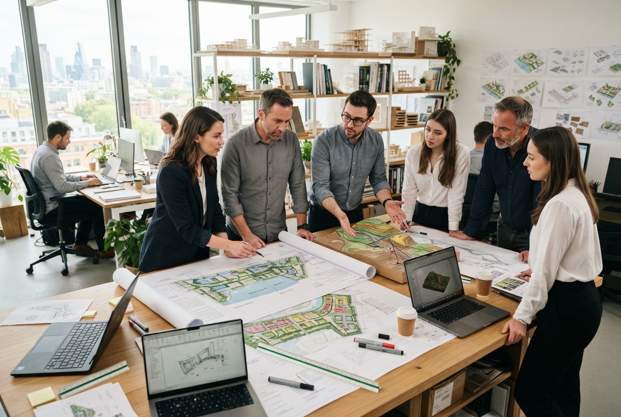 Group of architects and designers gathered around a table with large plans and models, discussing urban planning projects in a modern office with city skyline view.
