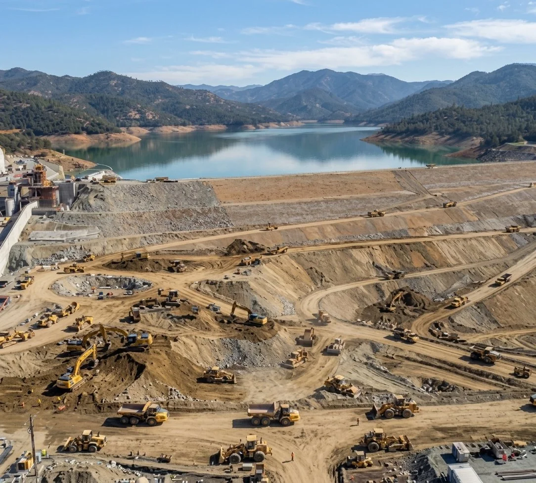 Construction site with bulldozers and earthmoving equipment working on a large-scale project near a lake surrounded by mountains.