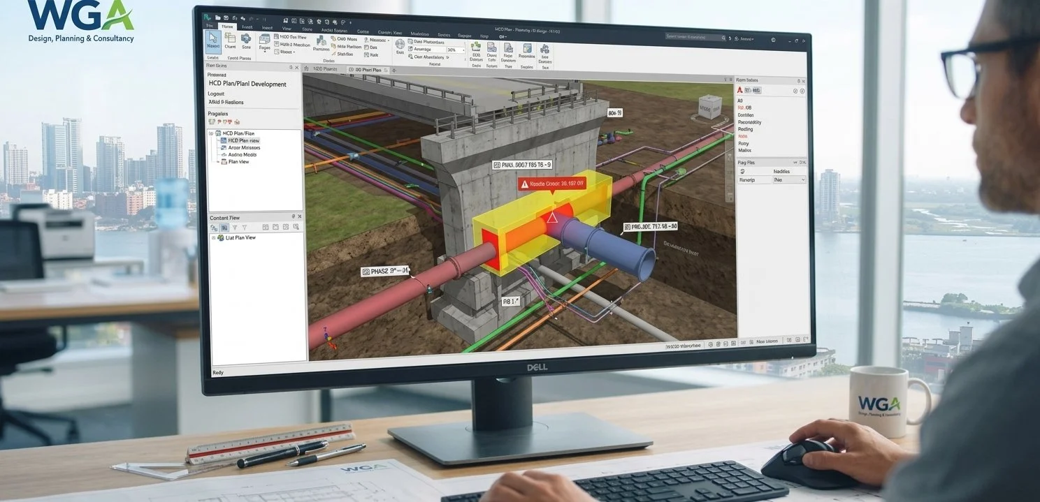 An engineer working on a computer with design software displaying a 3D model of a construction project's piping and infrastructure, with cityscape view in the background.