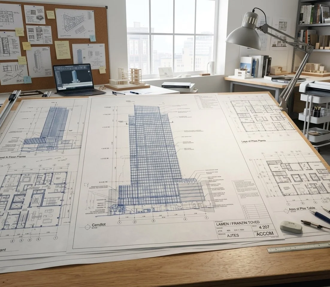 Architectural blueprints of a skyscraper on a wooden desk in an office, with a desk lamp, pens, an eraser, and a laptop, surrounded by shelves with books and small models, and a large window in the background.