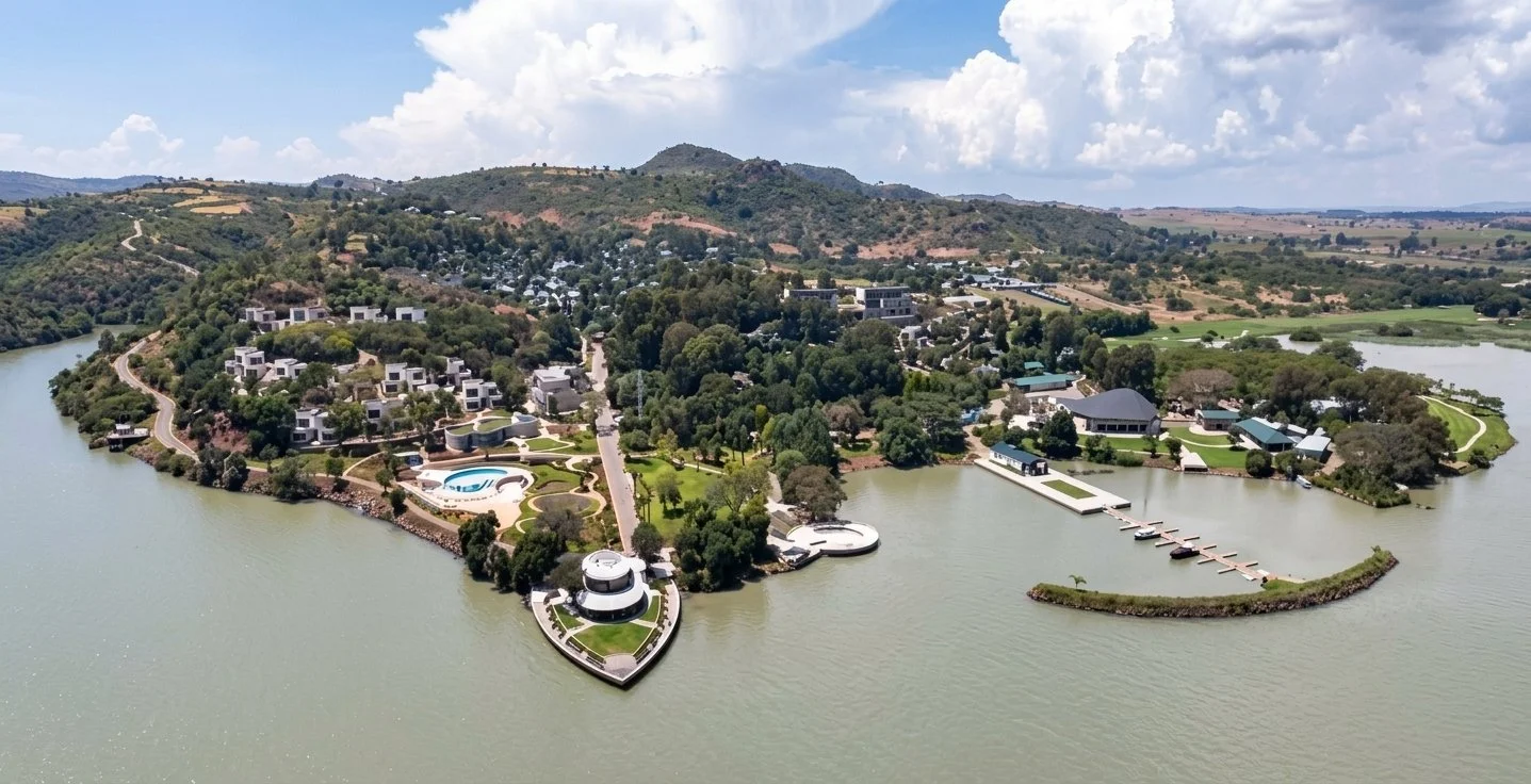 An aerial view of a large residential lakeside community with modern white buildings, winding roads, green trees, swimming pools, and docks by the water, located on a hilly landscape with partly cloudy skies.
