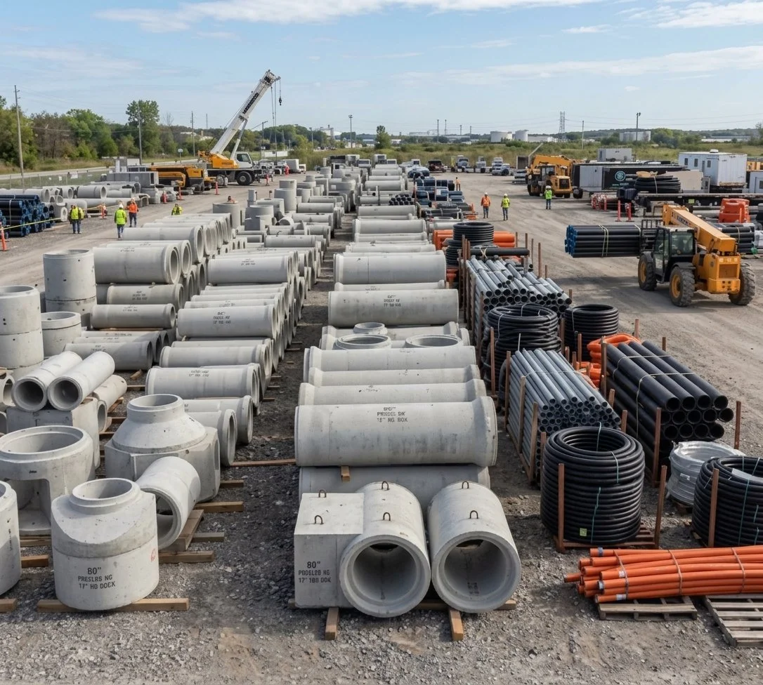 Construction yard with large concrete pipes, black and orange plastic pipes, and construction vehicles like cranes and forklifts. Workers in safety vests are present.
