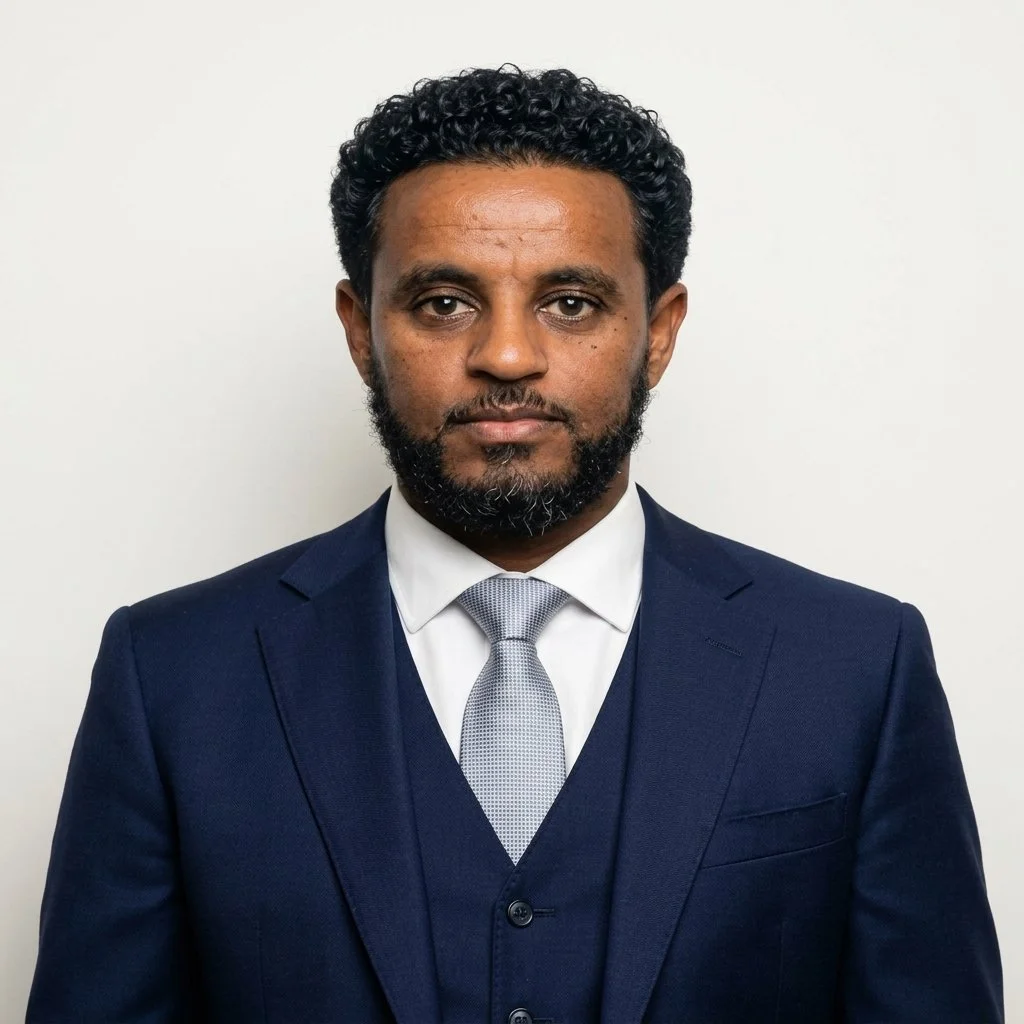 Professional portrait of a man with dark curly hair, beard, wearing a dark blue suit, white shirt, and gray tie, against a plain white background.