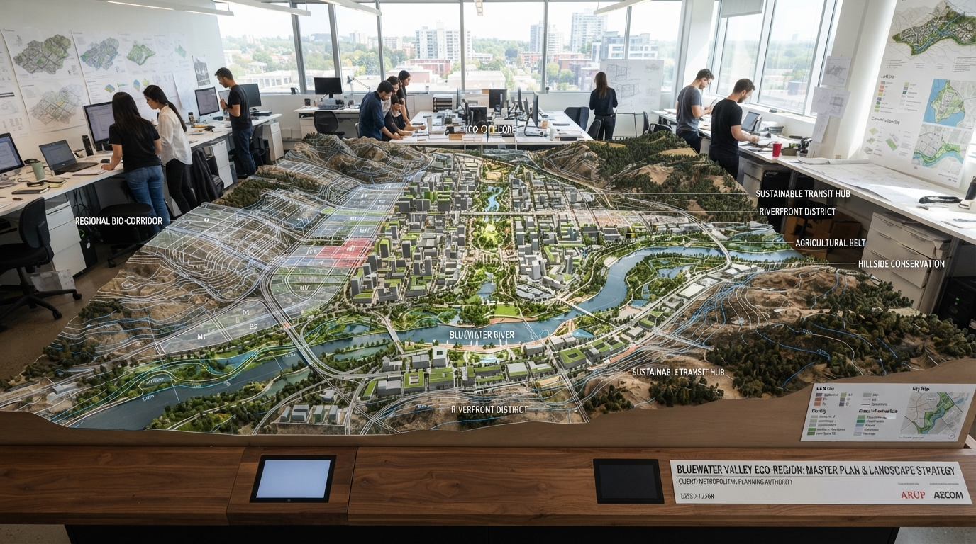 A detailed architectural model of the Bluewater Valley eco-region is displayed on a large table in an office, with staff working at desks behind. The model includes rivers, mountains, forests, and urban areas, with labels indicating zones such as 'Regional Bio-Corridor,' 'Riverfront District,' 'Hillside Conservation,' and 'Sustainable Transit Hub.' Large windows in the background show a cityscape.