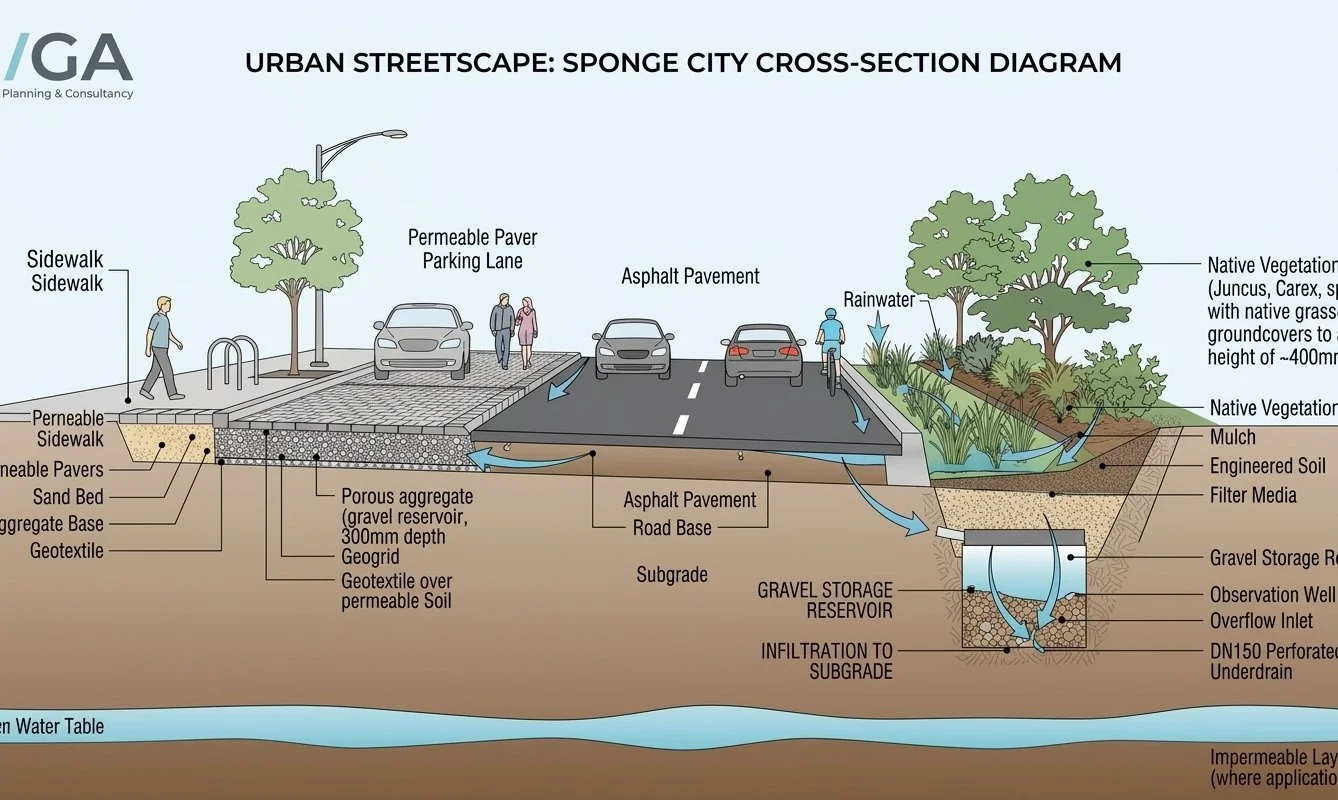Diagram of urban streetscape showing sidewalk, permeable paver parking lane, asphalt pavement, and surrounding native vegetation with labels explaining materials like permeable pavers, gravel bed, engineered soil, mulch, and filter media, along with a gravel storage reservoir and infiltration system connected to groundwater.