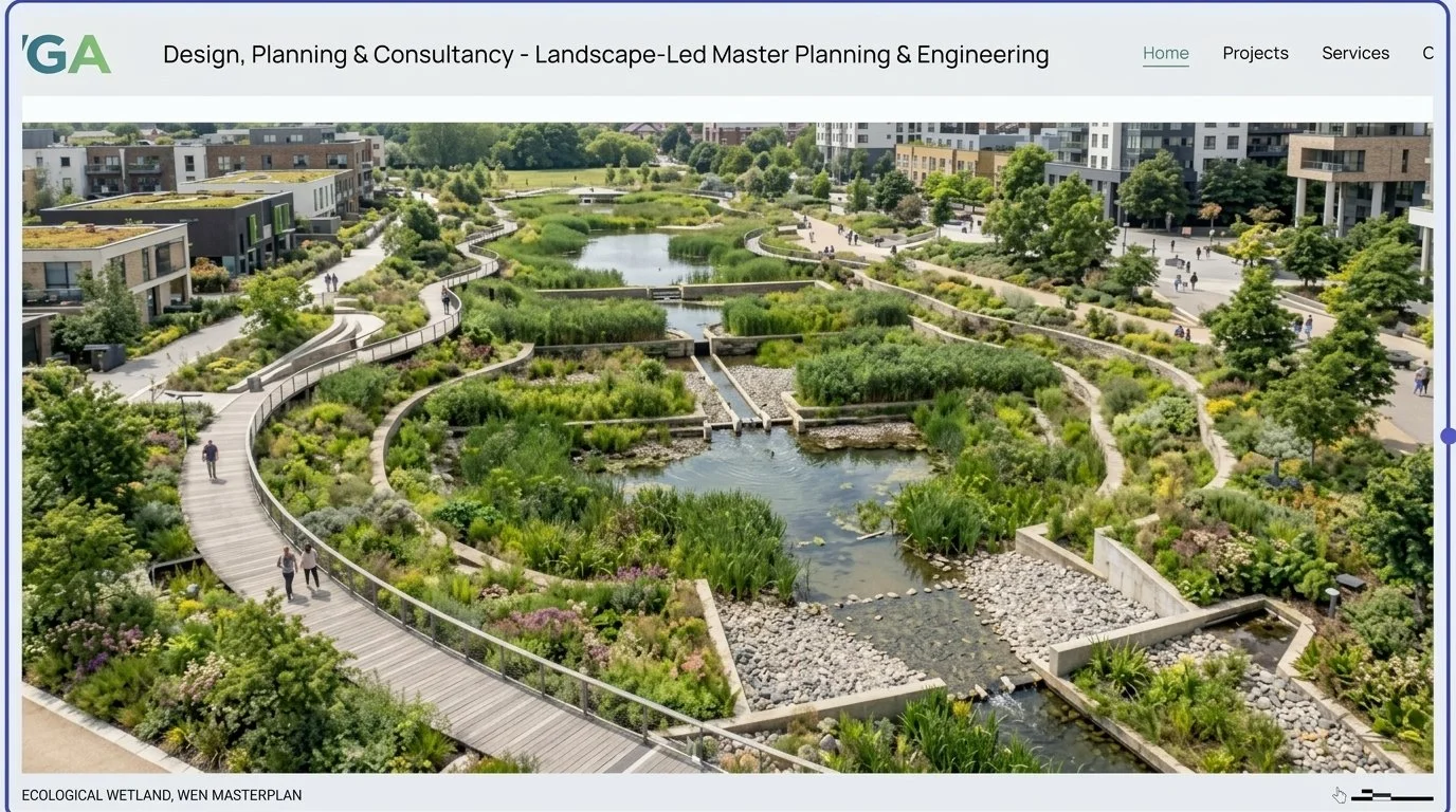 A master plan of an ecological wetland park with winding boardwalks, water features, greenery, and surrounding residential buildings.