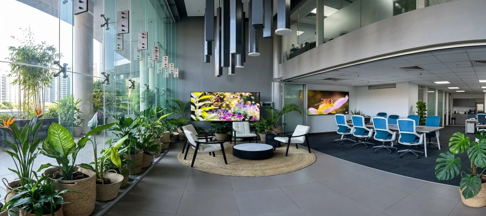 Modern office lobby with large glass windows, indoor plants, a seating area with white and black chairs, two large wall-mounted screens displaying close-up images of flowers, and a conference area with a long table and blue chairs.