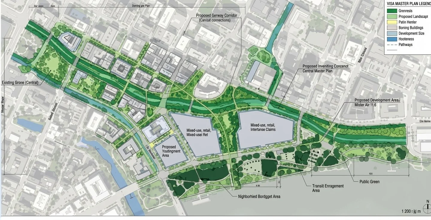 A detailed urban planning map illustrating proposed landscape, development areas, green spaces, pathways, and corridors in a city planning project.