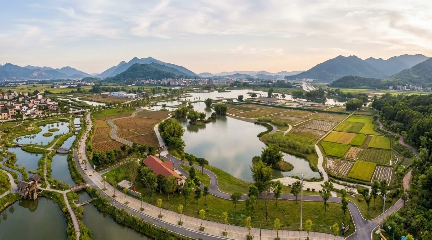 A scenic aerial view of a rural area with lakes, roads, farmland, trees, and mountains in the distance.