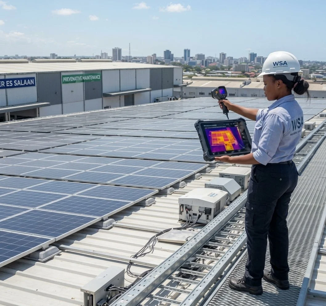 A woman wearing a hard hat and blue uniform inspecting solar panels on a rooftop using thermal imaging equipment and a tablet. The city skyline is visible in the background.
