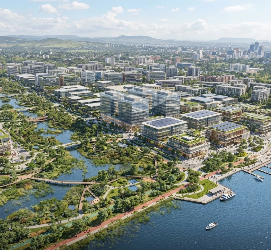 A cityscape featuring modern buildings, a large park with lakes, walking paths, and boats on the water.