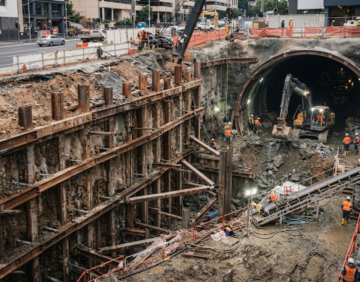Construction workers operating equipment and building a tunnel in an urban area, with visible excavation and support structures.