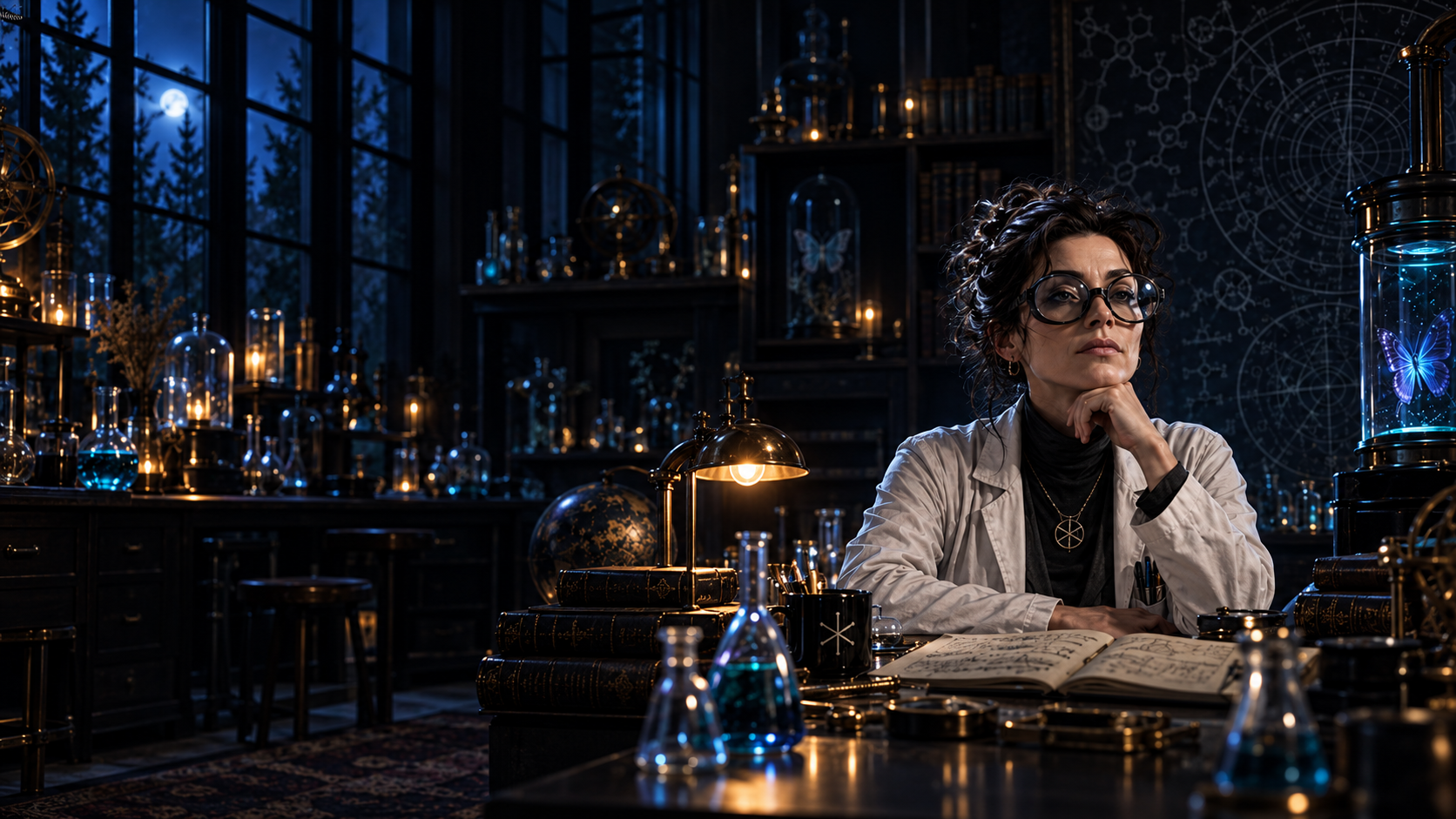 Professor Aster at her desk in a blue-lit laboratory. AI-generated portrait.